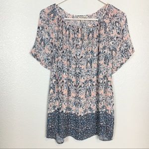 Lucky Brand | Sheer Boho Short Sleeve Tie Neck Top